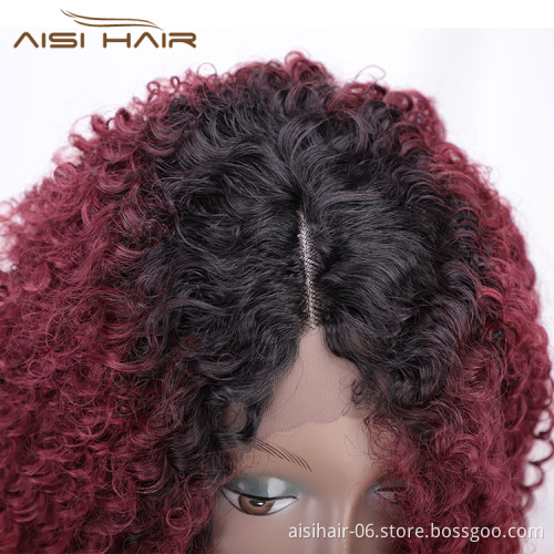 Aisi Hair Medium Long Ombre Red Dark Root Wig Afro Kinky Curly Lace Frontal Wig Synthetic Front Lace Hair Wigs For Black Women